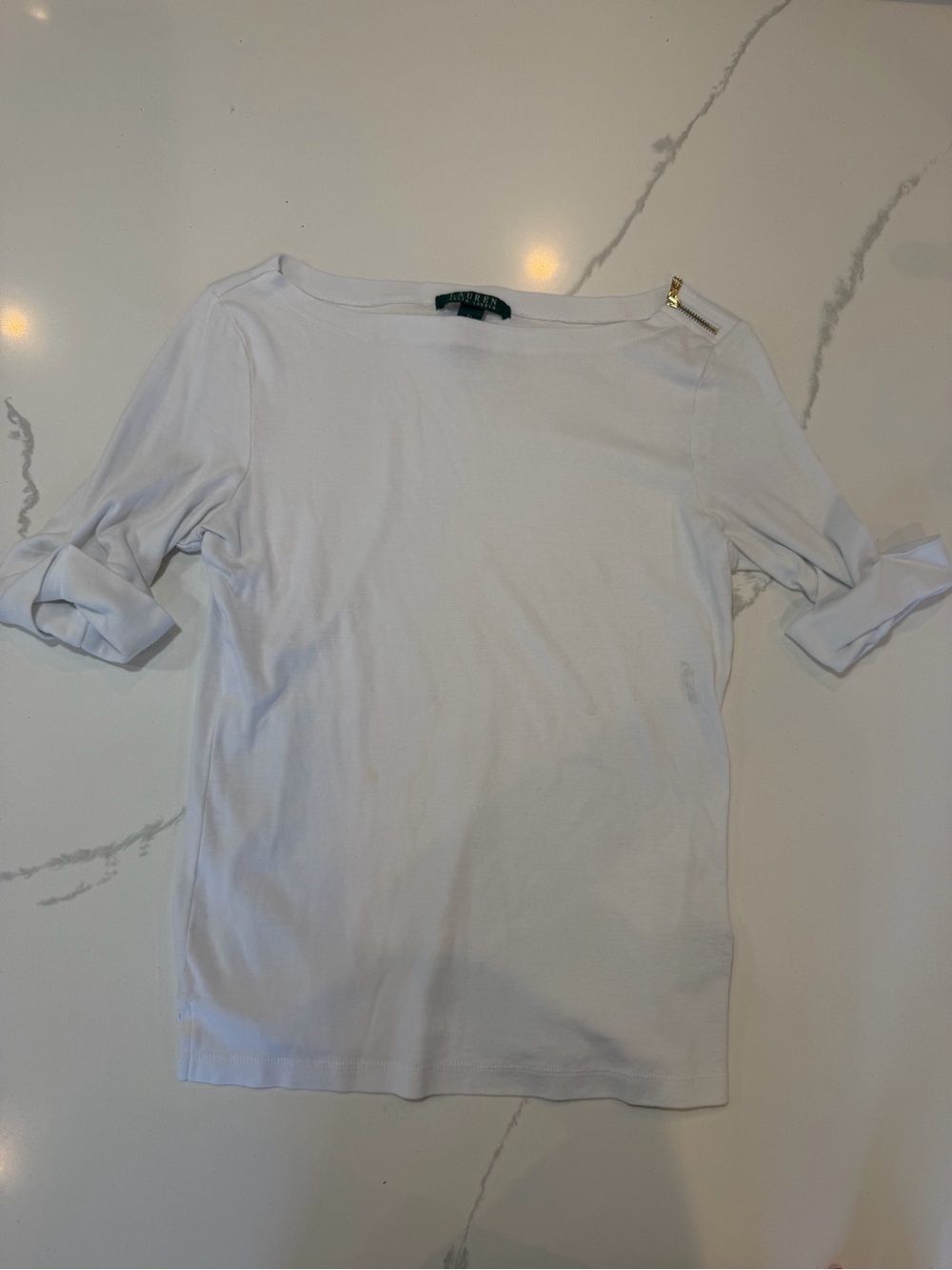 Ralph Lauren White Boatneck Short Sleeve Top with Gold Shoulder Zipper - Picture 4 of 4